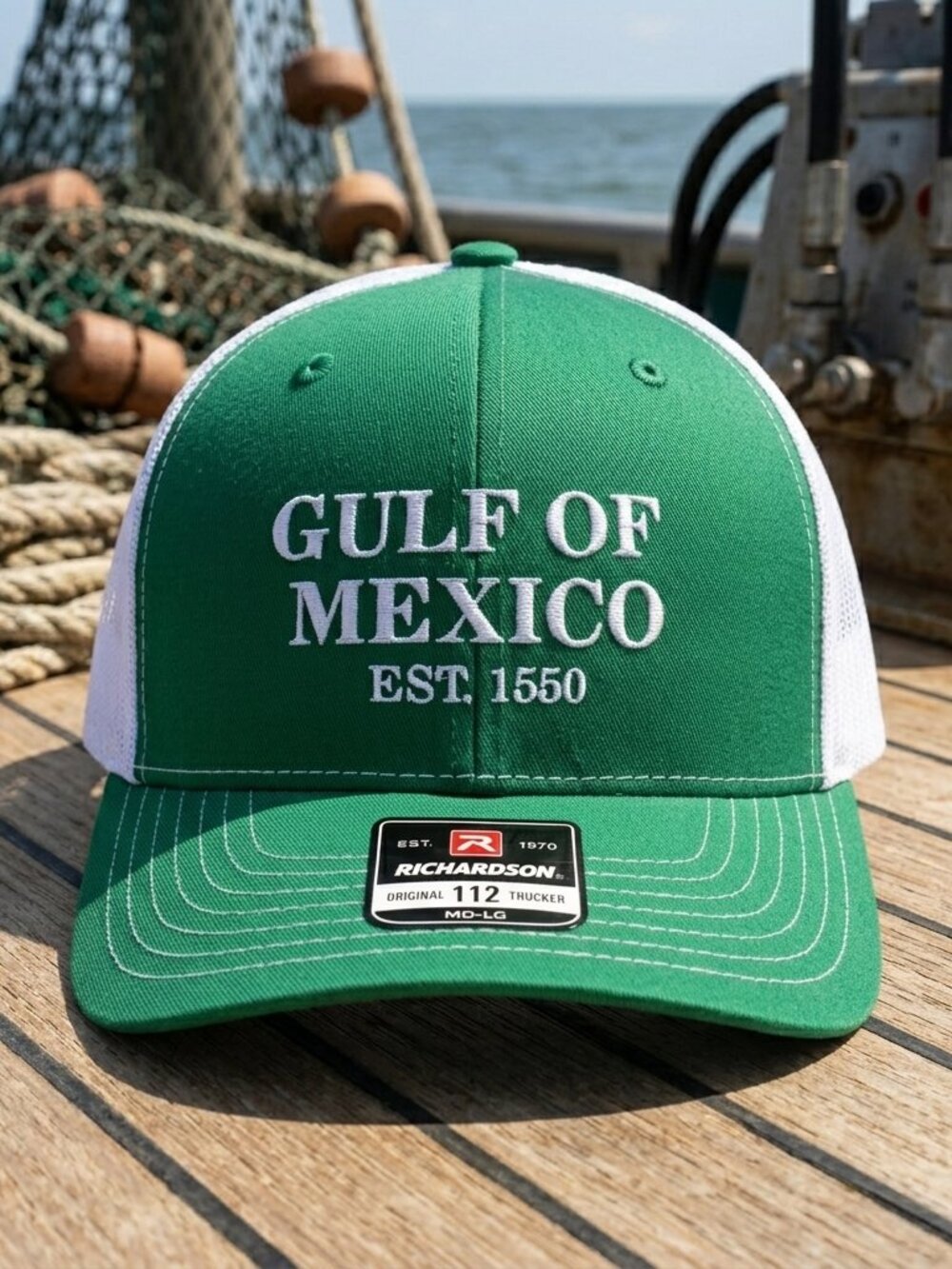 Gulf of Mexico Est 1550 Embroidered Green White Richardson 112 Trucker Hat Pride
